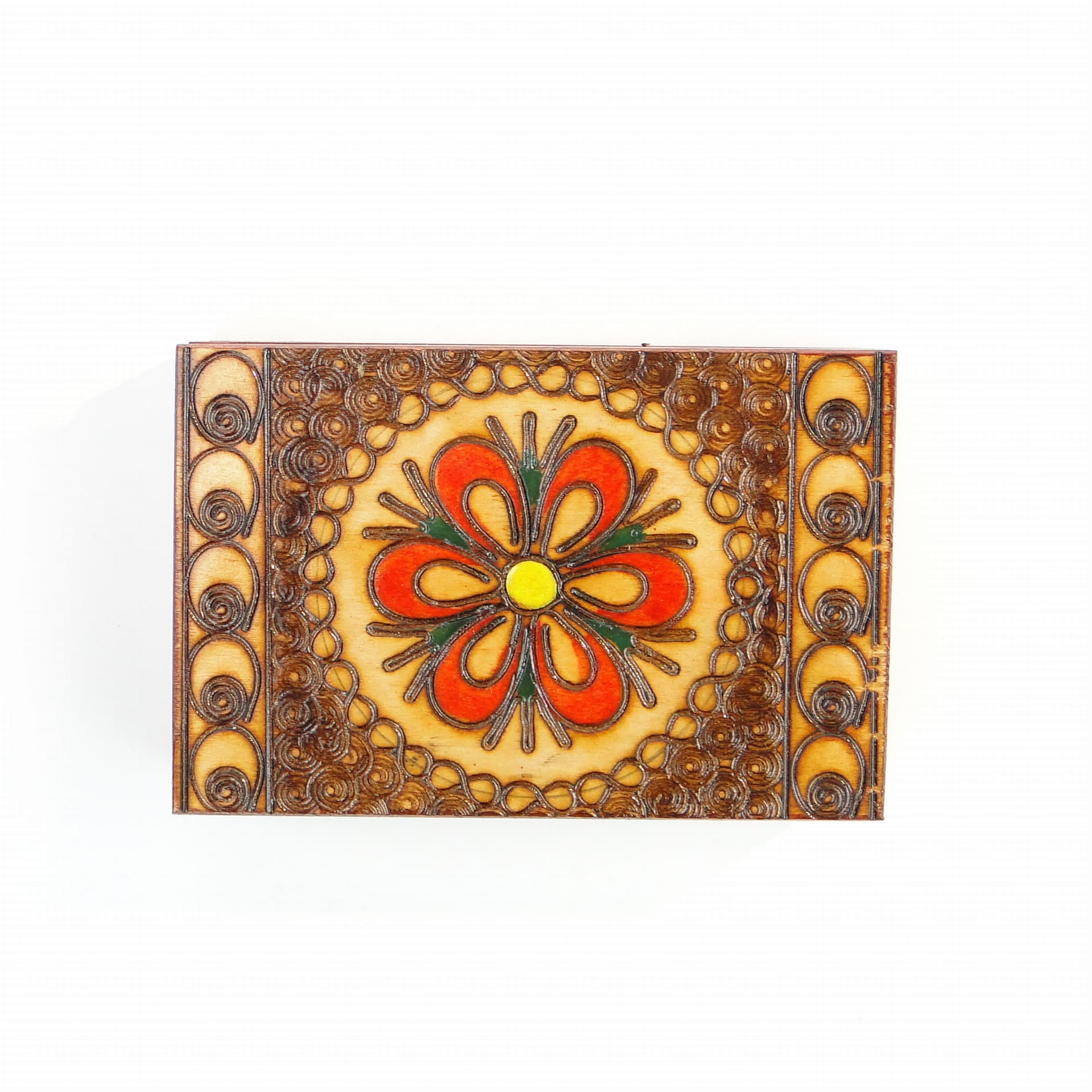 Kasetka na biżuterię, ludowa, drewno pomarańczowy, Polska, lata 80. - 172414