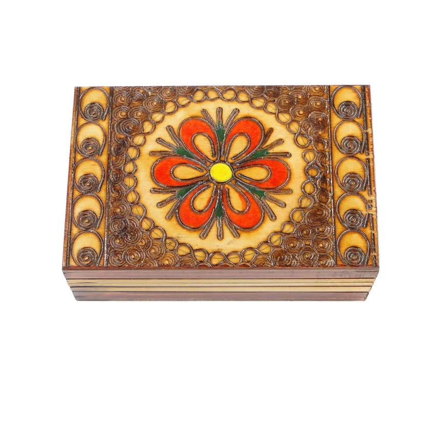 Kasetka na biżuterię, ludowa, drewno pomarańczowy, Polska, lata 80.