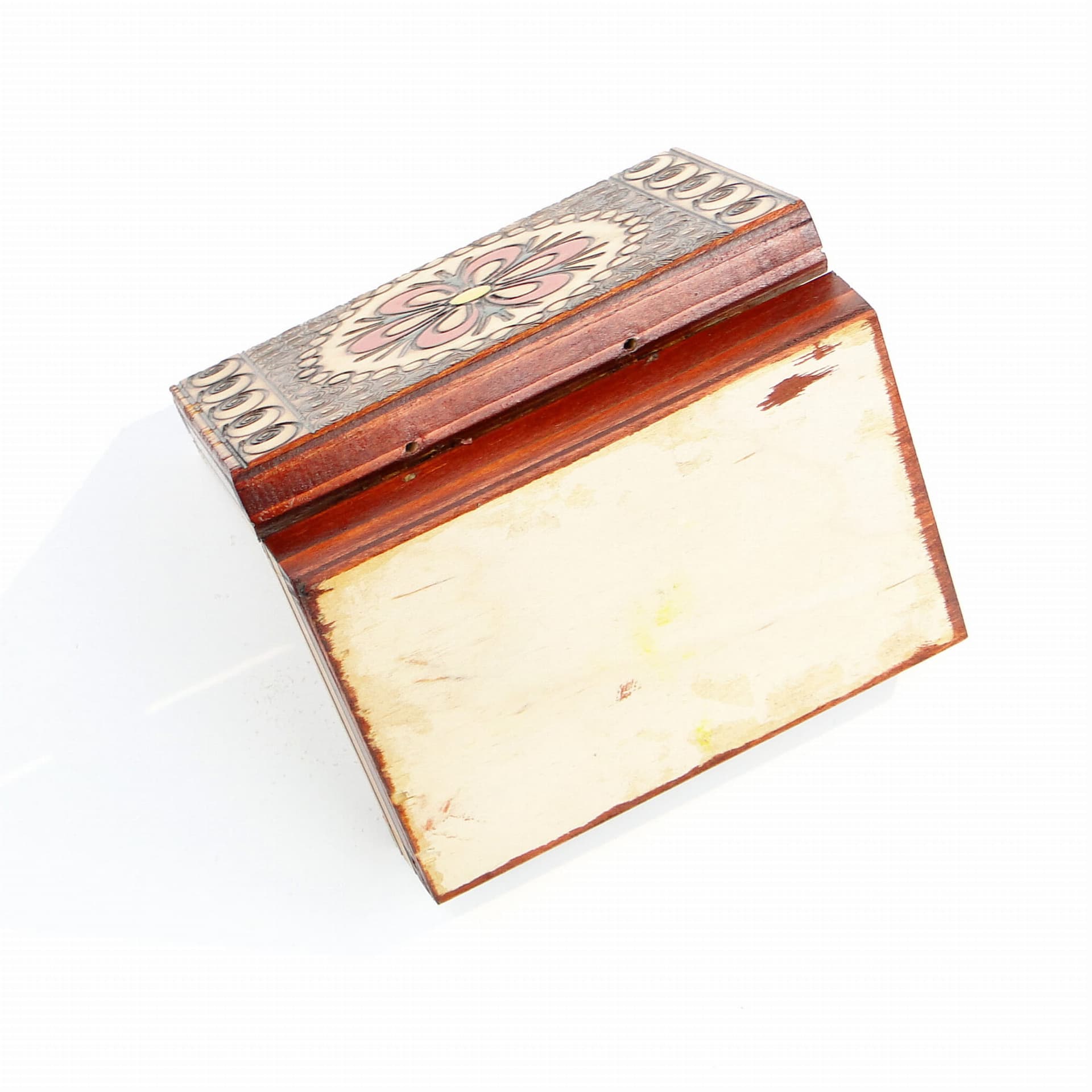 Kasetka na biżuterię, ludowa, drewno pomarańczowy, Polska, lata 80. - 172416