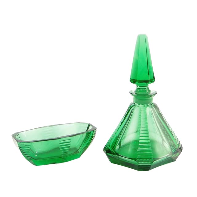 Set decanter and bowl, Art Deco, green crystal, Moser, Czech Republic, early 20th c. - DIMENSION