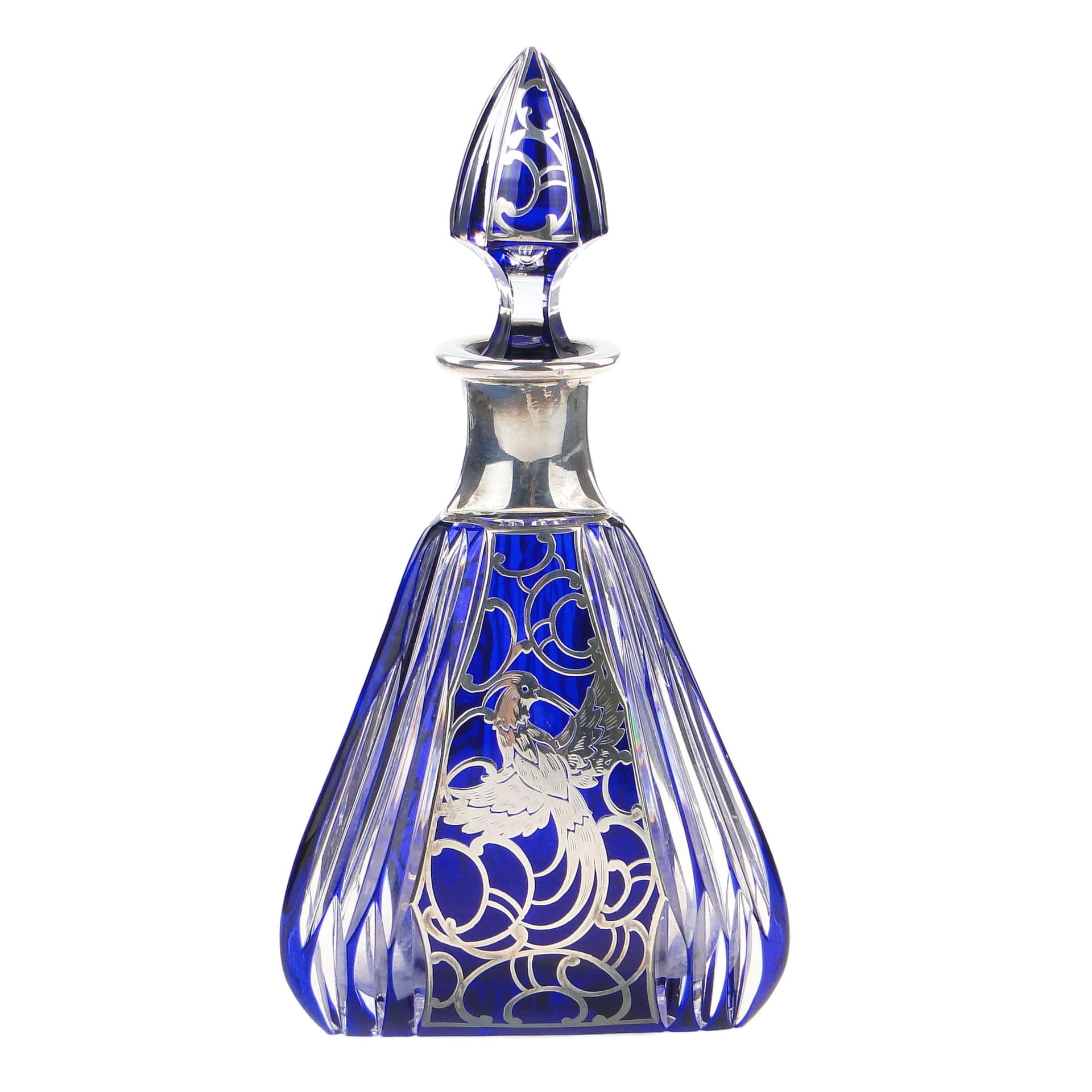 Decanter, indigo crystal glass, silver, Poland, 1940s