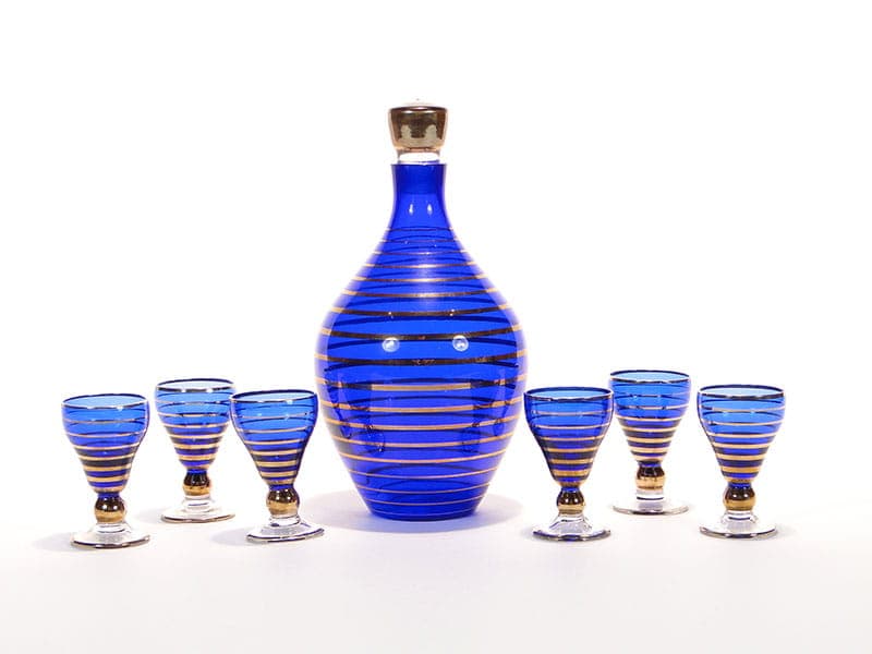 Liqueur set, blue glass, Czechoslovakia, 1950s.