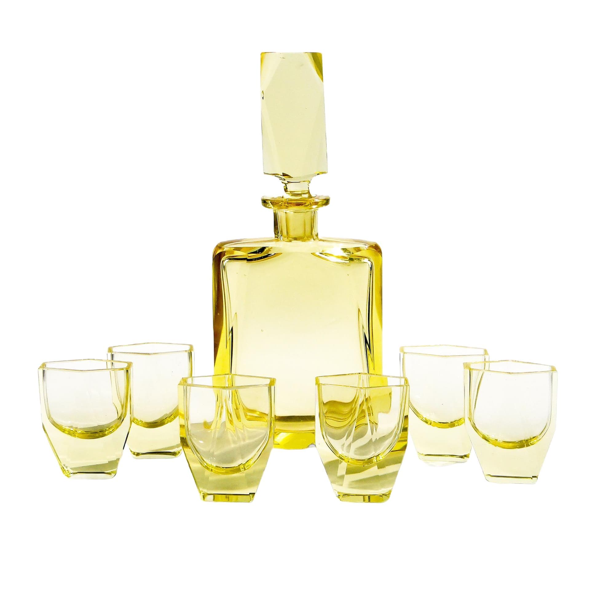 Serwis likierowy Art Deco, cytrynowy, szkło kryształowe, Moser, Czechy, lata 30.