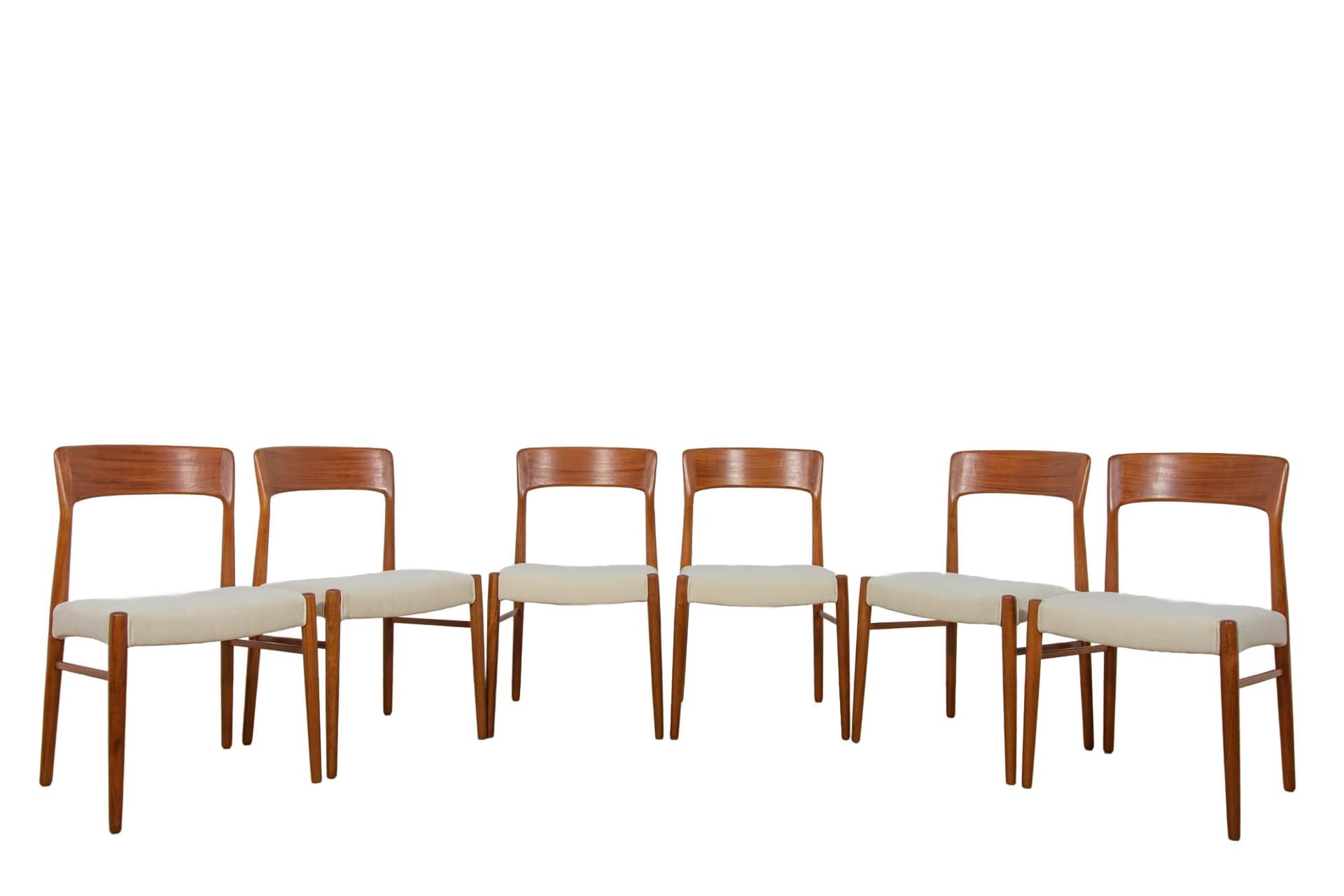 Set of six chairs Model 26, teak, ivory, by H. Kjærnulf, Korup Stolefabrik, Denmark, 1960s.