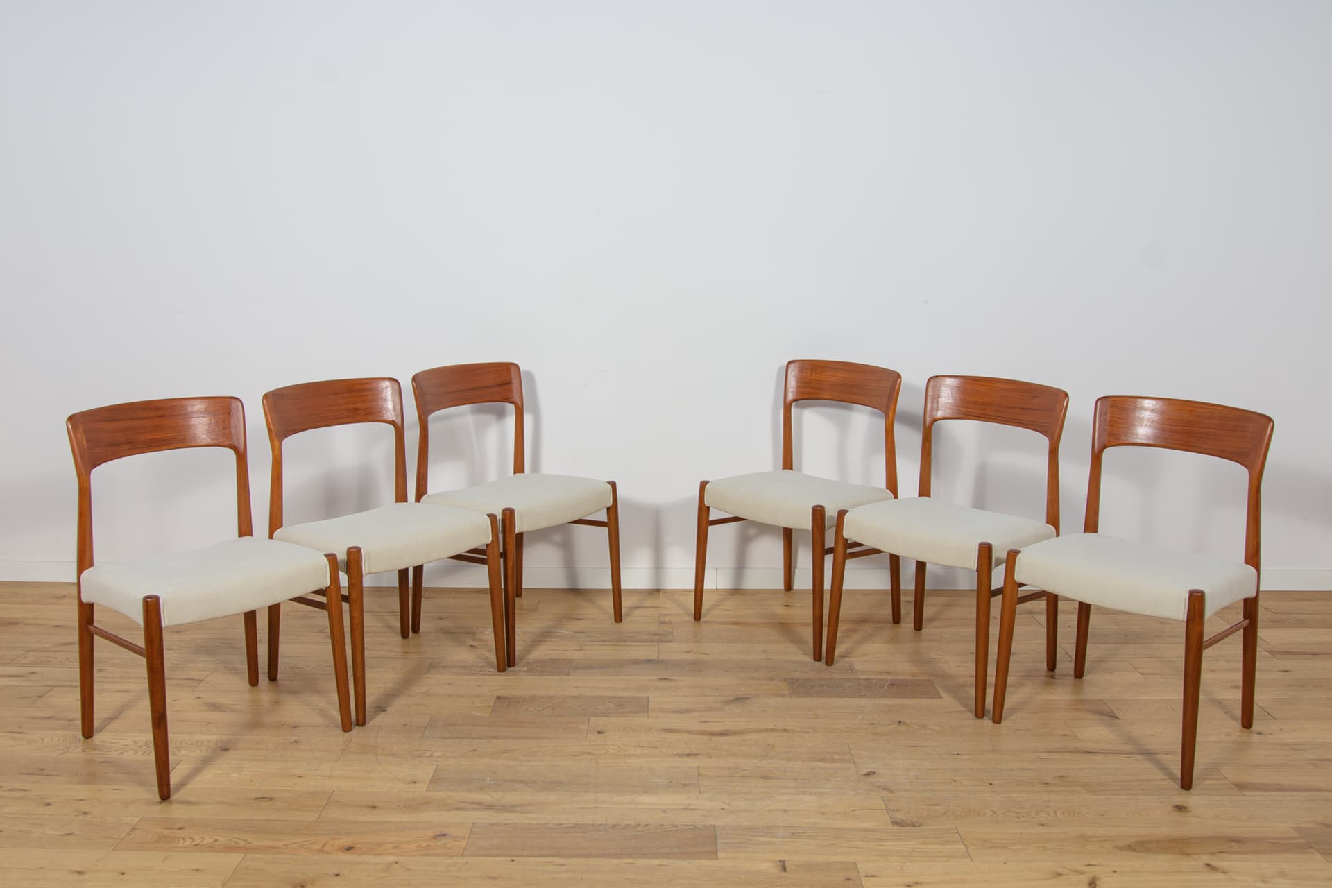Set of six chairs Model 26, teak, ivory, by H. Kjærnulf, Korup Stolefabrik, Denmark, 1960s. - 173652