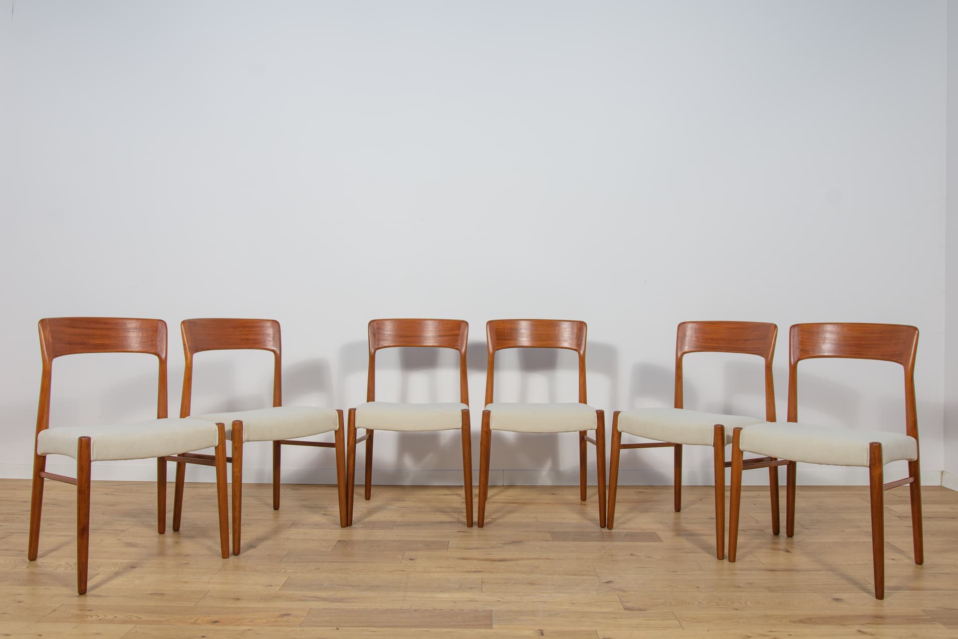 Set of six chairs Model 26, teak, ivory, by H. Kjærnulf, Korup Stolefabrik, Denmark, 1960s. - 173651