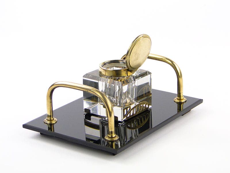 Desk inkwell Art Deco, black, glass, brass, Poland, 1920s - 173767