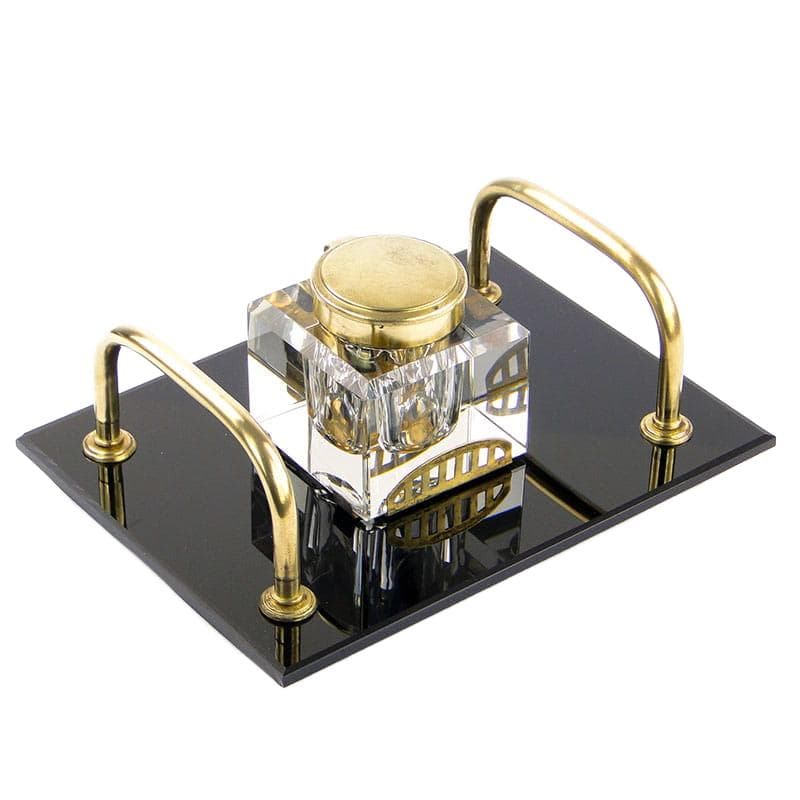 Desk inkwell Art Deco, black, glass, brass, Poland, 1920s
