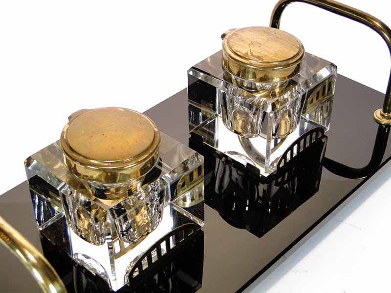 Desk inkwell set Art Deco, crystal glass black, brass, Poland, 1920s. - 173793