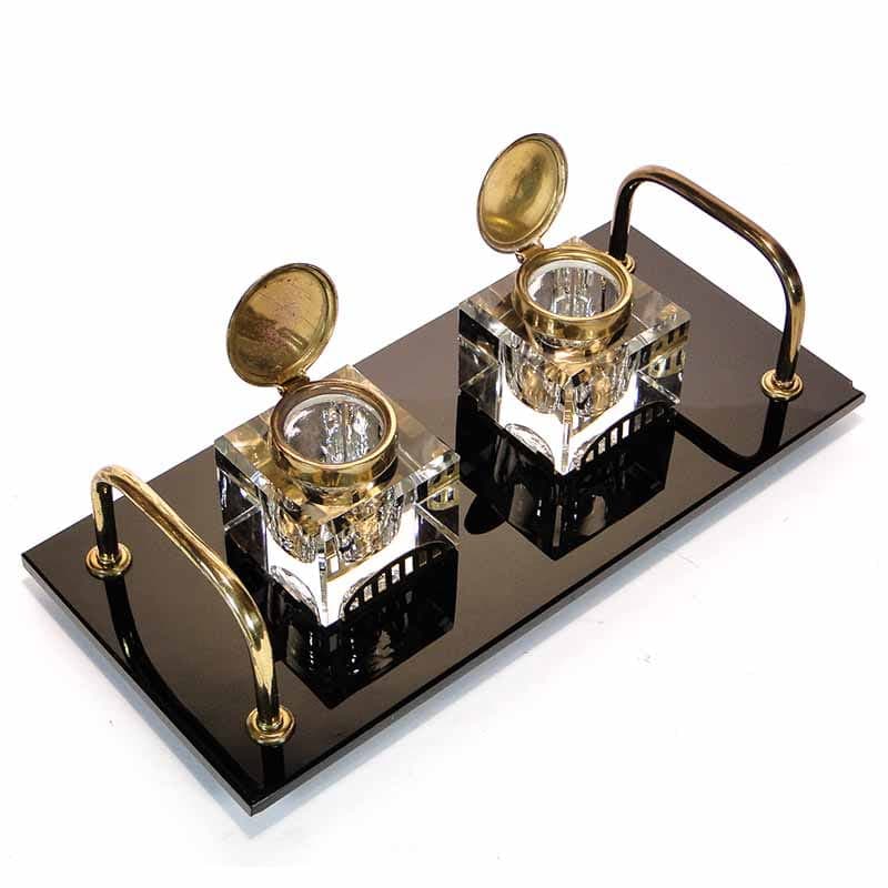 Desk inkwell set Art Deco, crystal glass black, brass, Poland, 1920s. - 173794