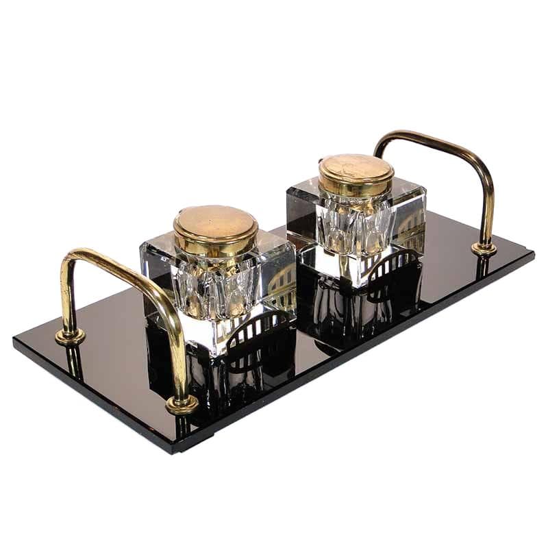 Desk inkwell set Art Deco, crystal glass black, brass, Poland, 1920s.
