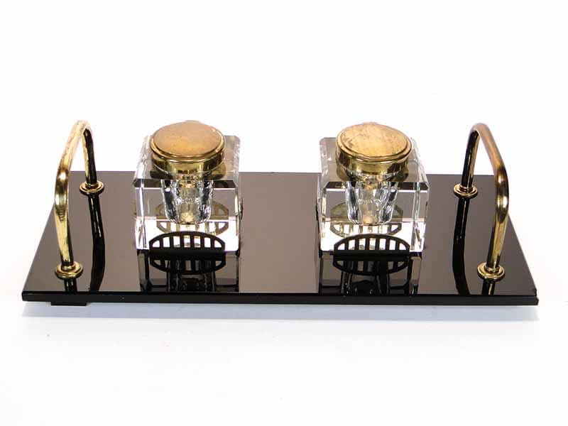 Desk inkwell set Art Deco, crystal glass black, brass, Poland, 1920s. - 173790