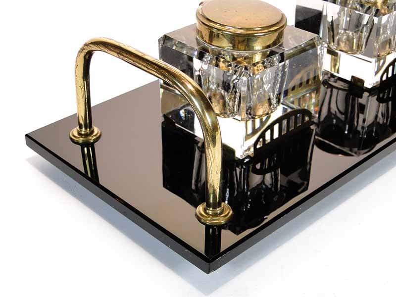 Desk inkwell set Art Deco, crystal glass black, brass, Poland, 1920s. - 173792