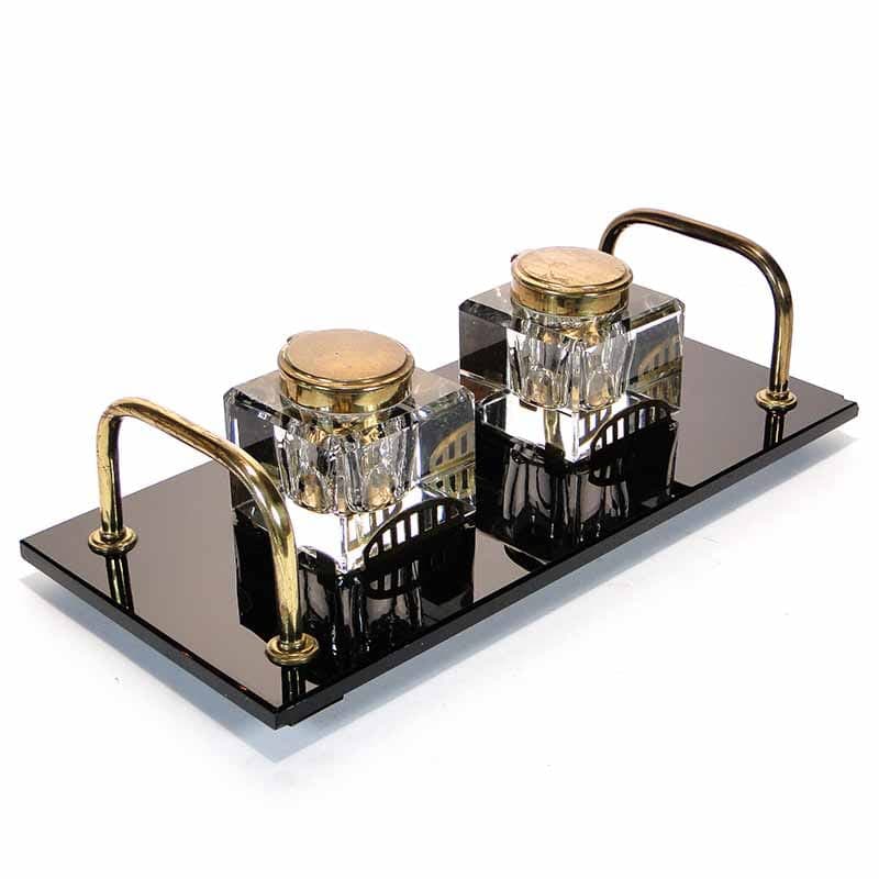 Desk inkwell set Art Deco, crystal glass black, brass, Poland, 1920s. - 173791