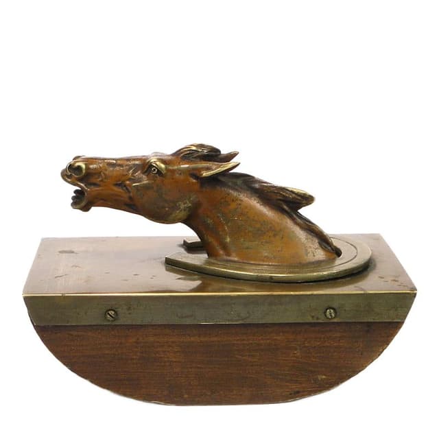 Desktop Blotter, Equestrian Motif, Polychromed Brown Bronze, Brown Wood, Austria, 19th c. - DIMENSION