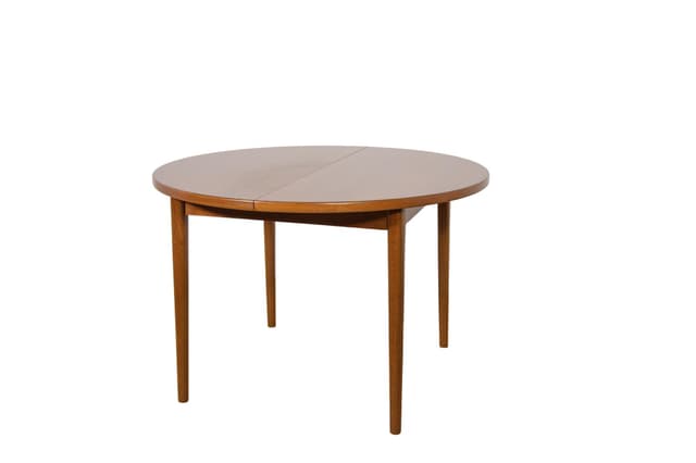 Stół okrągły rozkładany, teak jasnobrązowy, proj. N. Jonsson, Szwecja, lata 60. - WYMIARY
