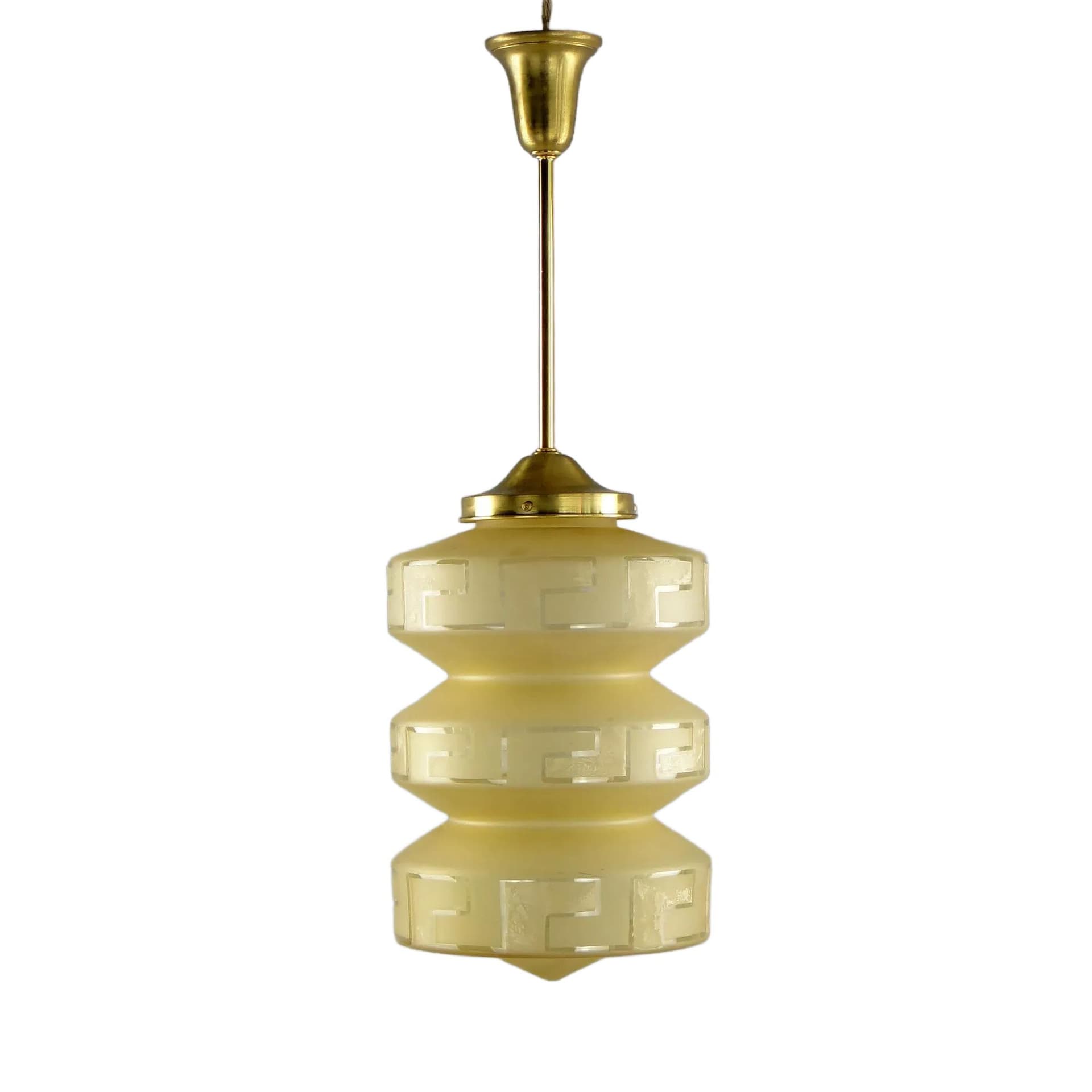 Pendant Lamp Art Deco, beige glass, brass, Poland, 1920s.