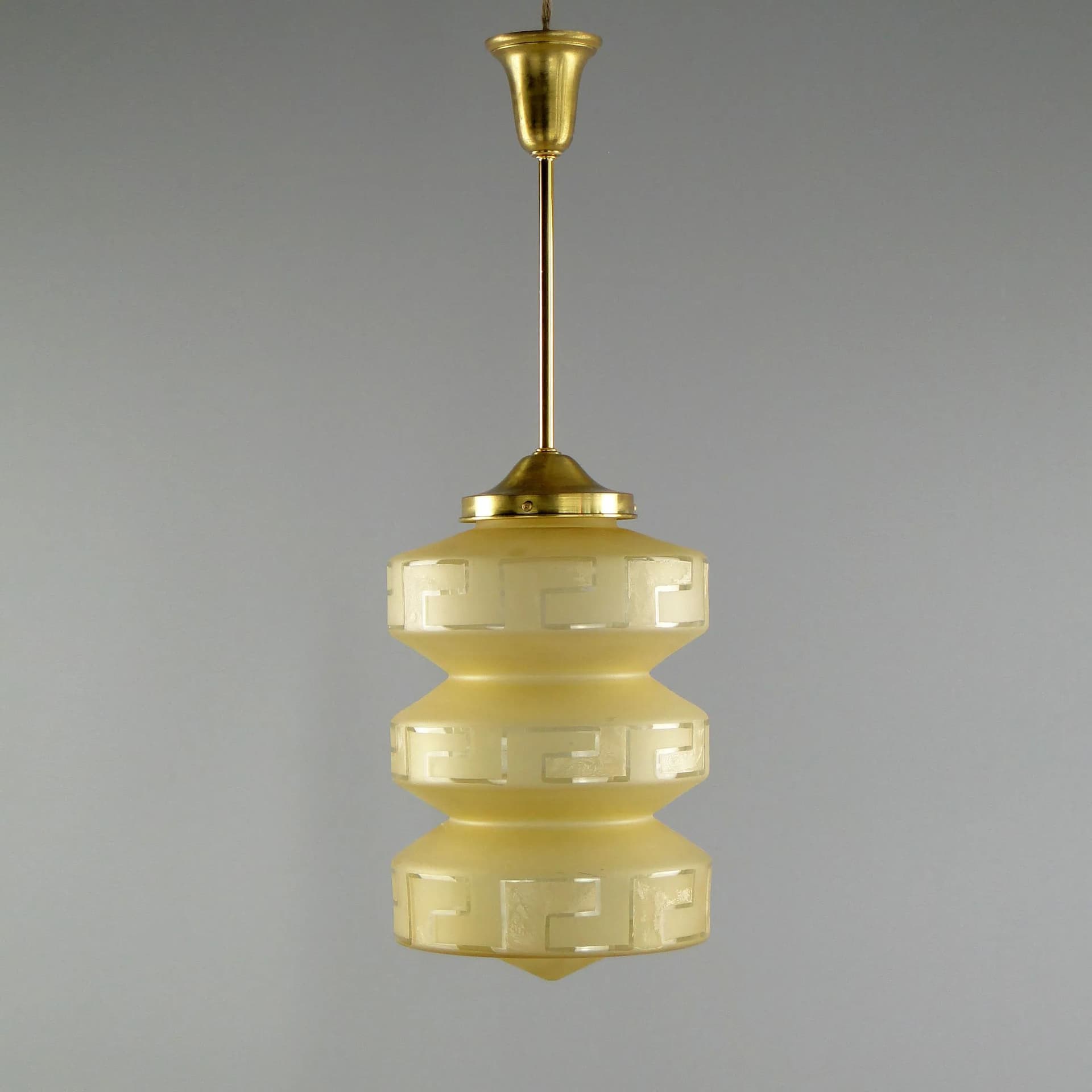 Pendant Lamp Art Deco, beige glass, brass, Poland, 1920s. - 11641