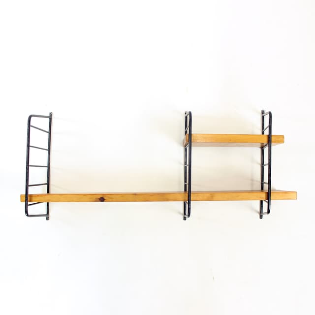 System półek ściennych, sosna brązowa, metal czarny, Czechosłowacja, lata 60. - WYMIARY