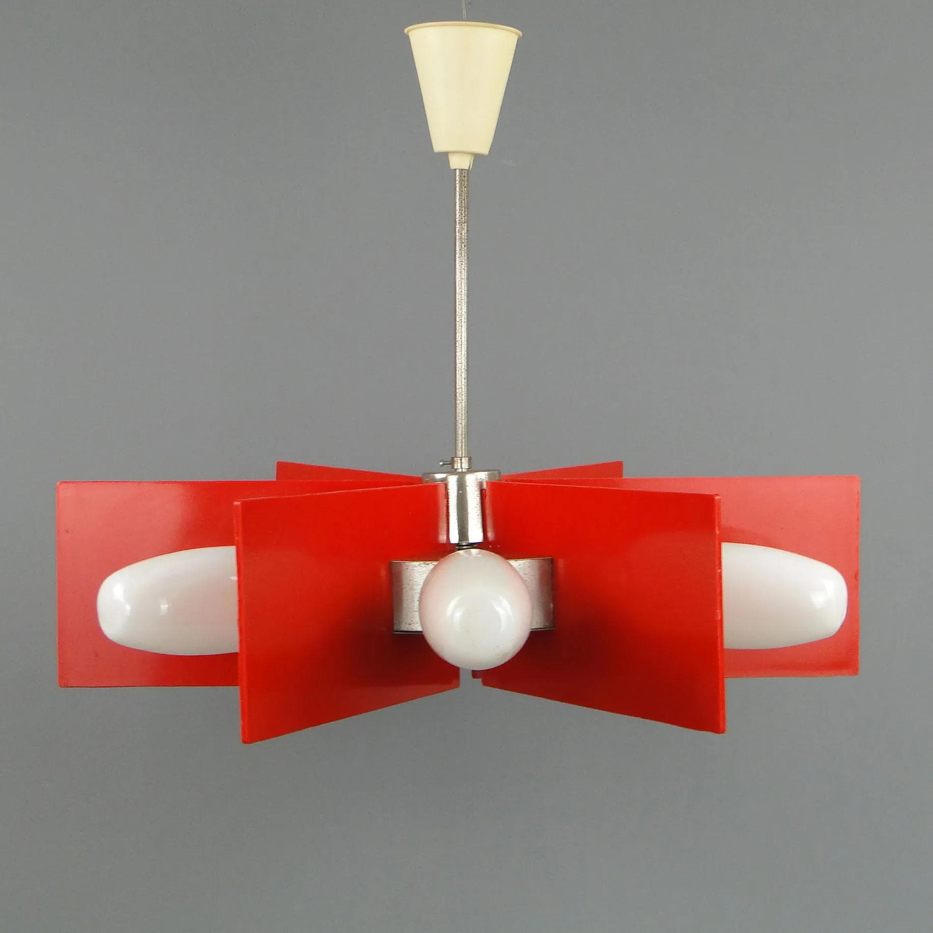 Żyrandol Space Age, metal czerwony, E.S.I. Nowa Huta, Polska, lata 60. - 11637