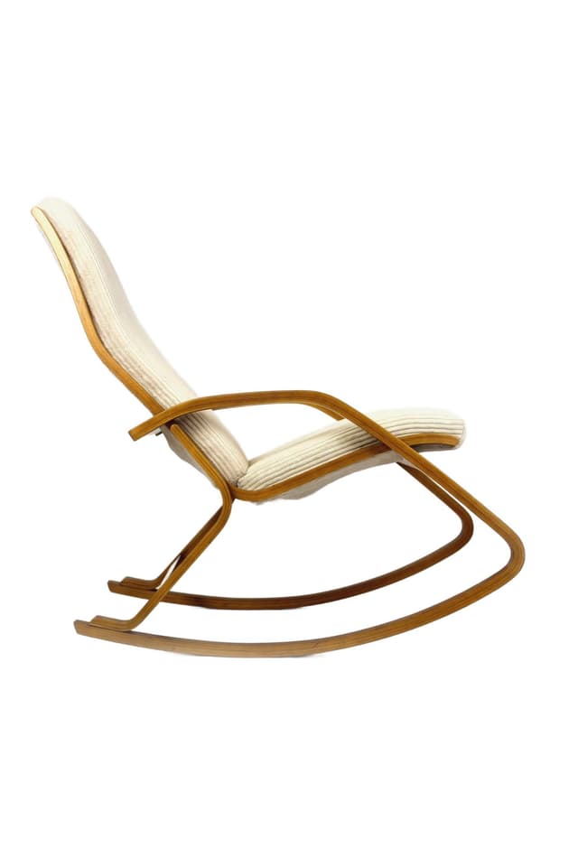 Fotel bujany, beżowy, sklejka, proj. L. Volák, Czechy, lata 60. - WYMIARY