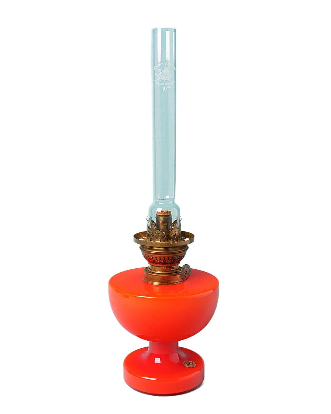 Lampa naftowa Victoria, pomarańczowy, szkło, proj. M. Bang, Holmegaard, Dania, lata 60.