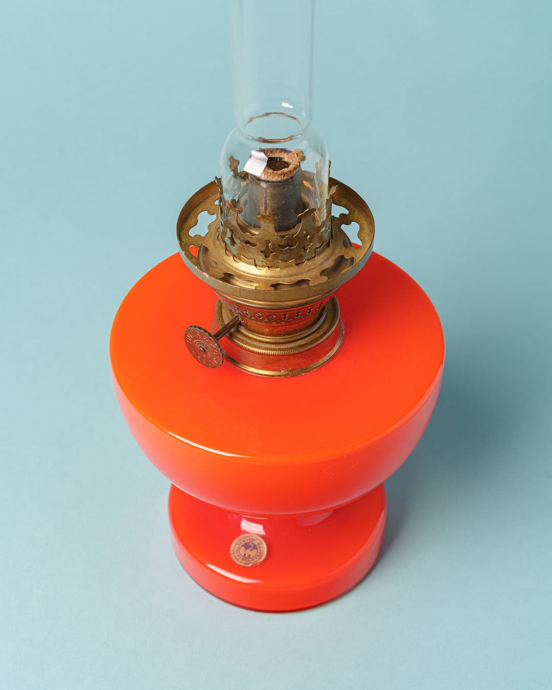 Lampa naftowa Victoria, pomarańczowy, szkło, proj. M. Bang, Holmegaard, Dania, lata 60. - 174636