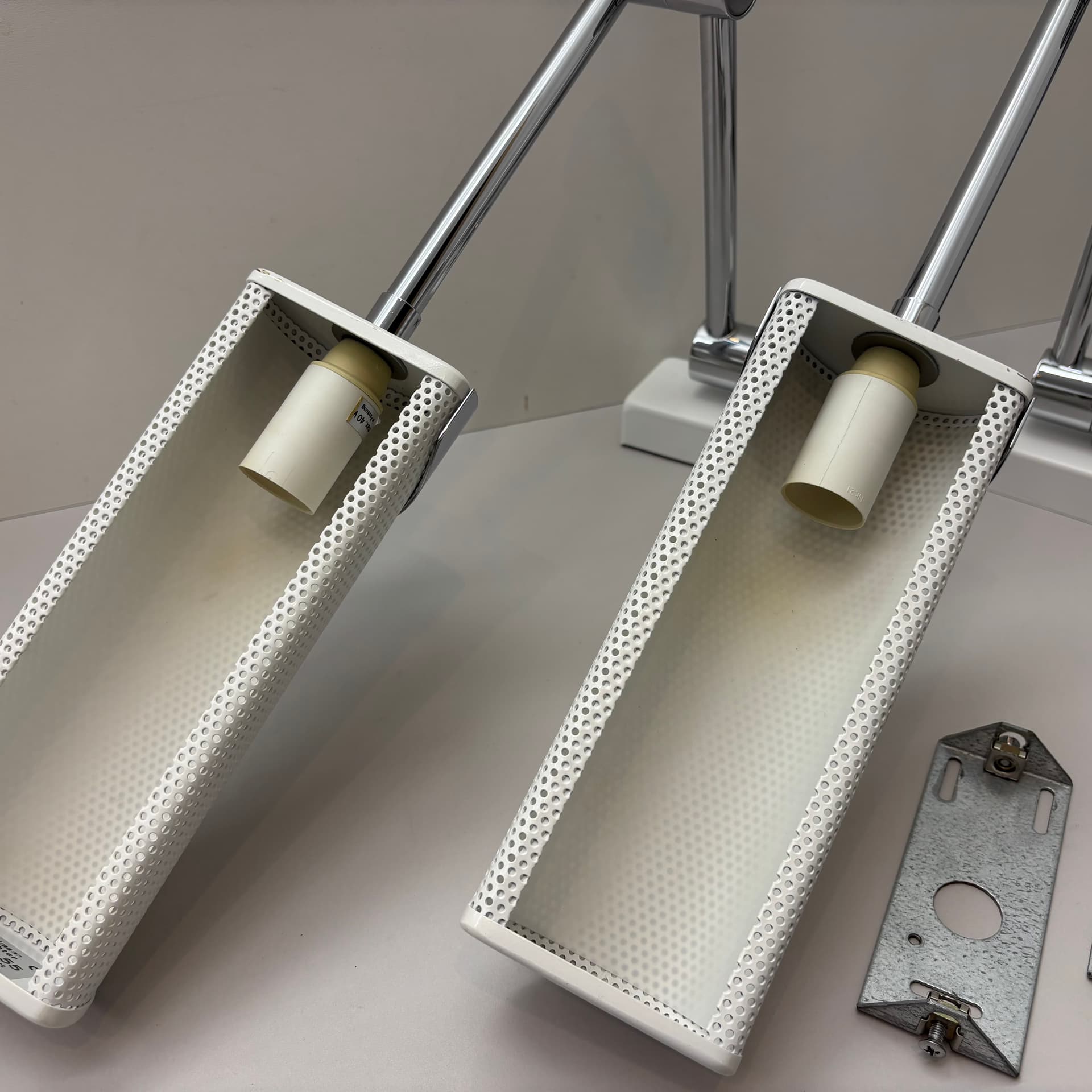 Pair of wall lights, Baulmann Leuchten, white, chrome-plated brass, Germany, 1990s. - 174720