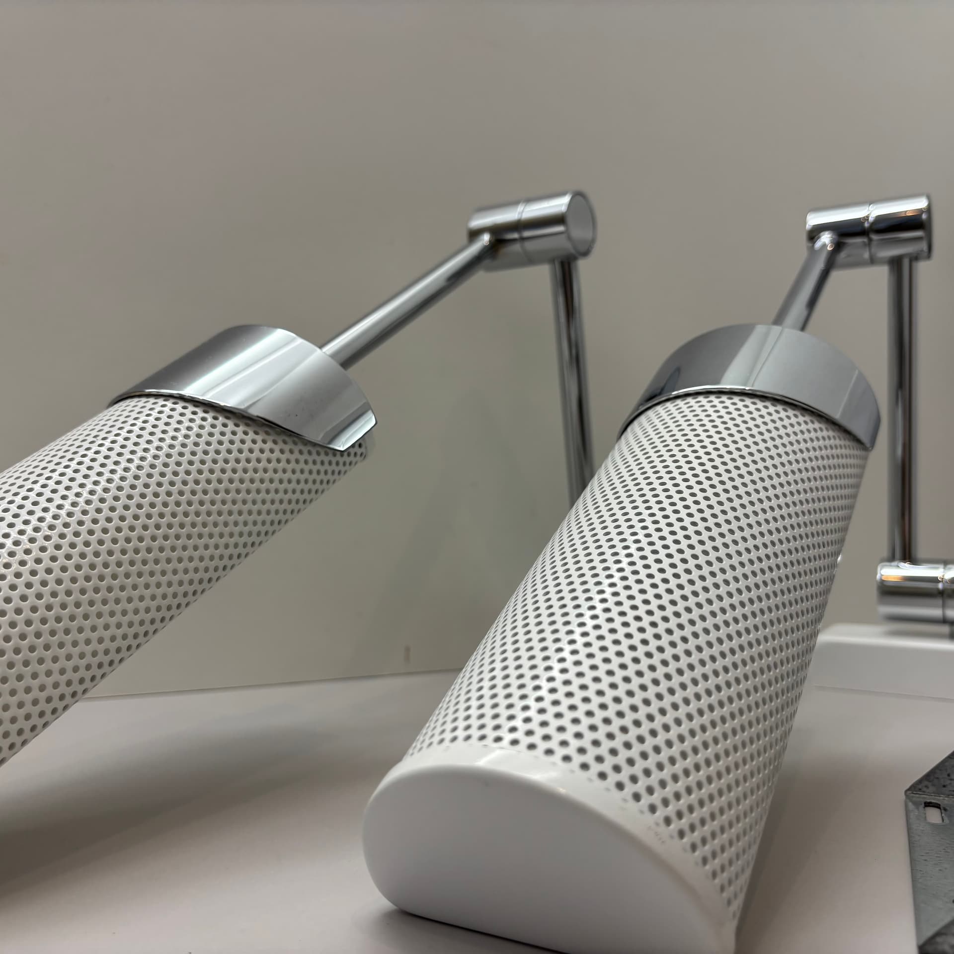 Pair of wall lights, Baulmann Leuchten, white, chrome-plated brass, Germany, 1990s. - 174722