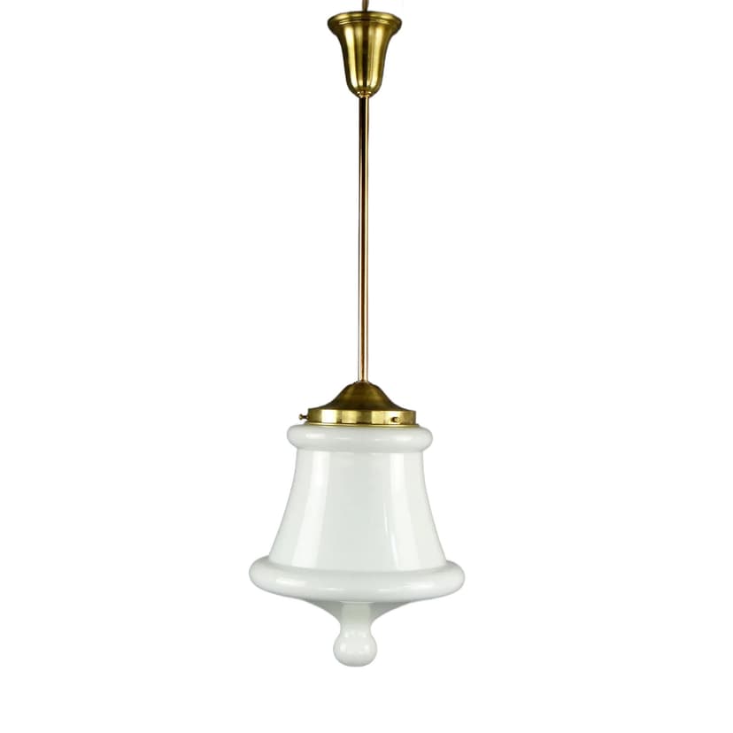 Lampa wisząca, szkło białe, mosiądz, Polska, lata 70.