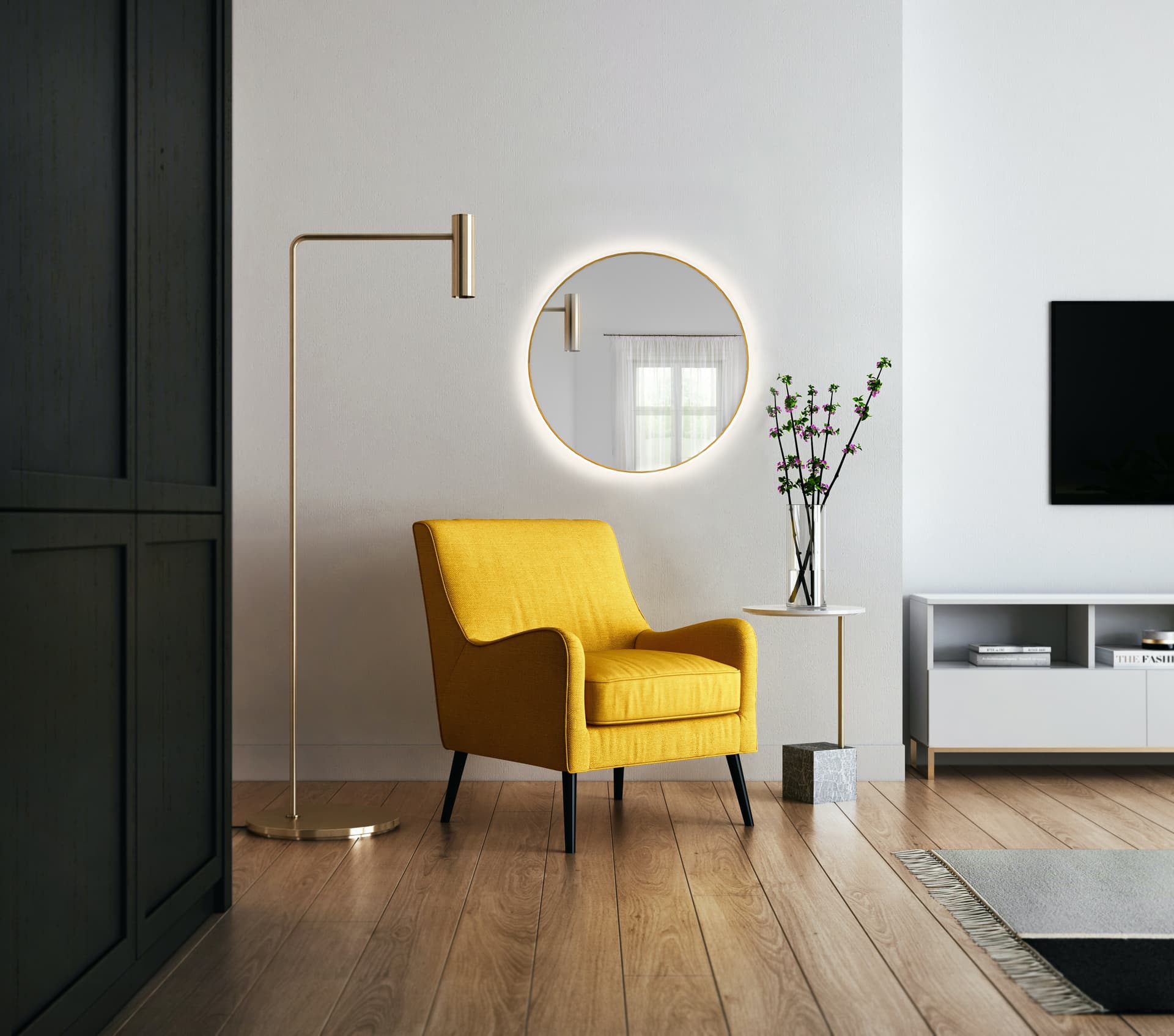 Lustro okrągłe Bright fi 100 cm, złote, barwa ciepła, Baltica - 175127