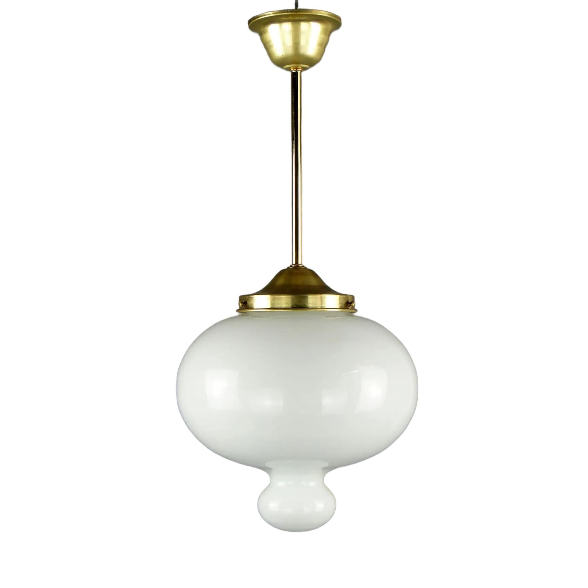 Pendant lamp, white glass, brass, Poland, 1970s.