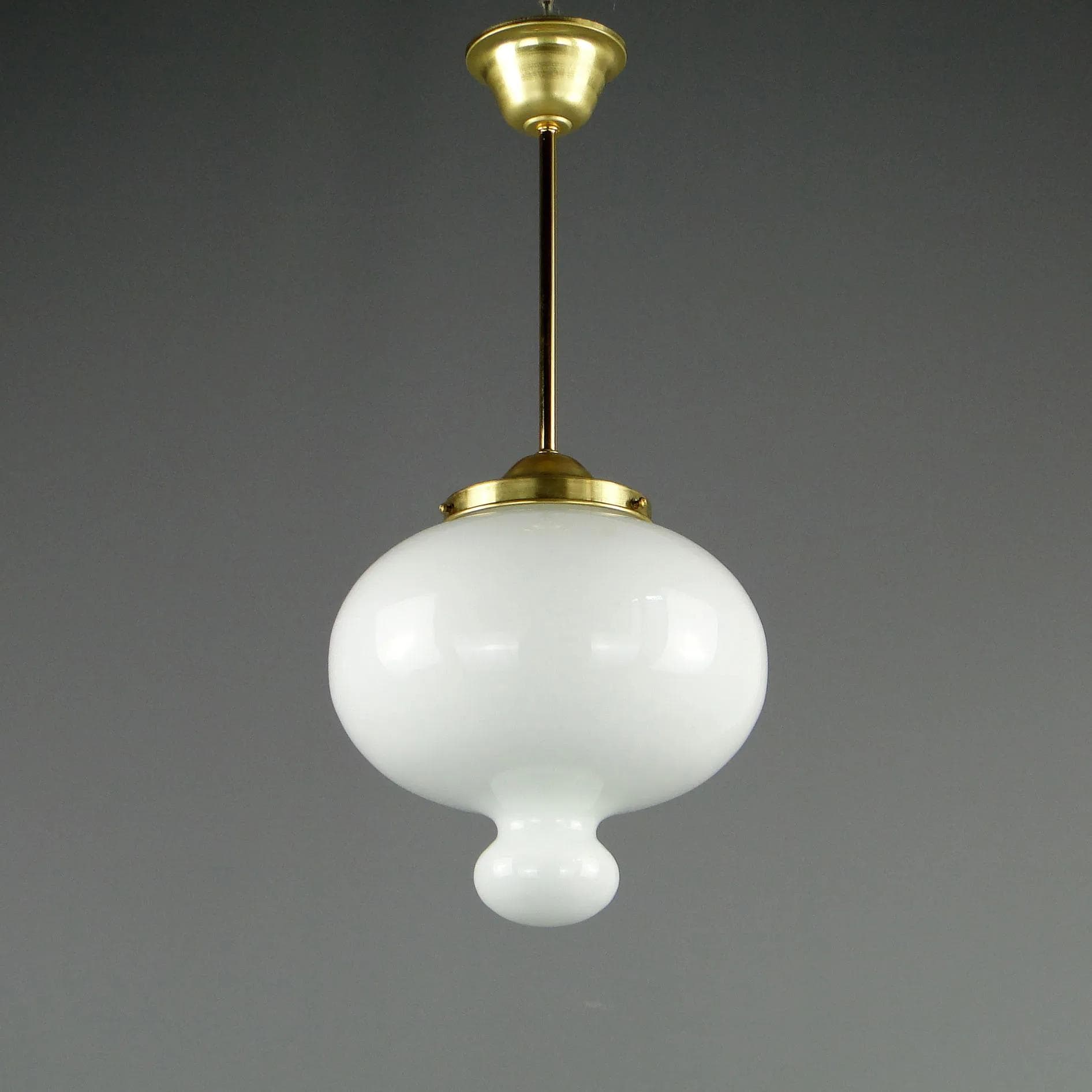 Pendant lamp, white glass, brass, Poland, 1970s. - 11698