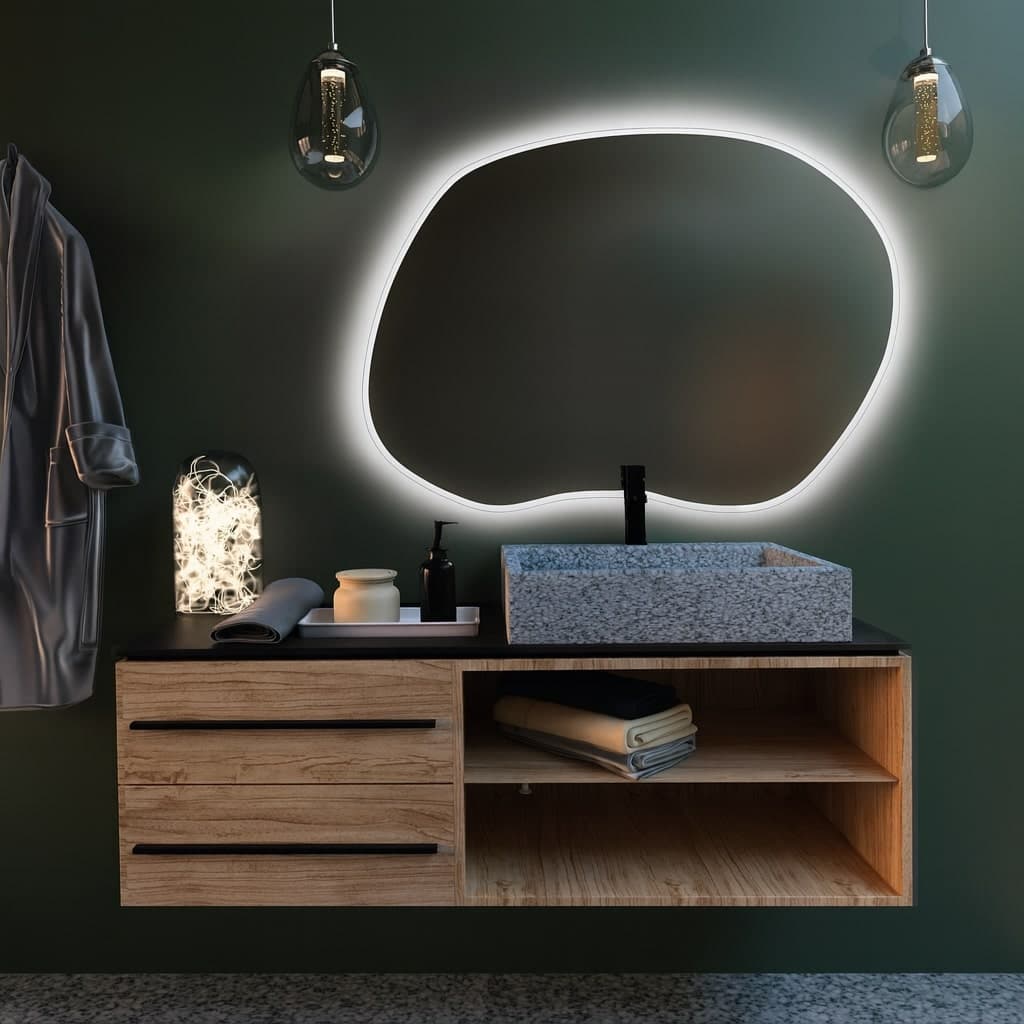 Irregular mirror Tiny Border Stain II 70x50 cm, white, warm light, Baltica - 175013