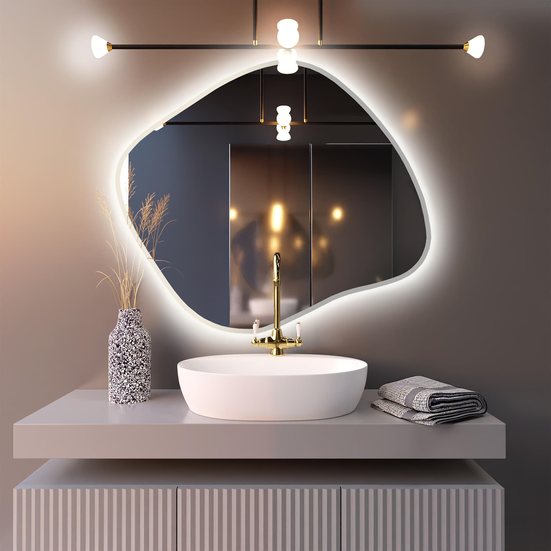 Irregular mirror Tiny Border Stain III 70x60 cm, white, warm light, Baltica - 174918