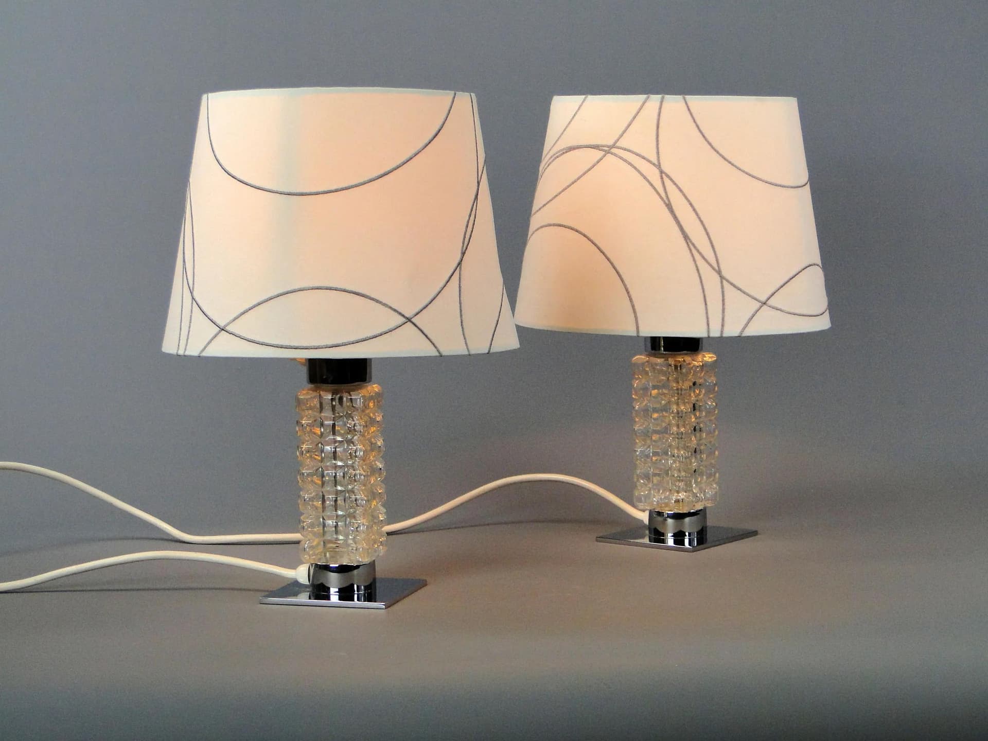 Pair of table lamps, chrome steel, crystal glass, Pell and Putzler, Germany, 1950s. - 11845