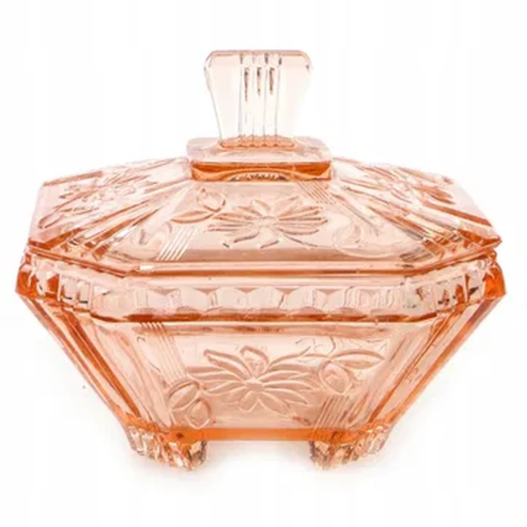 Art Deco candy box, rosaline glass, Germany, 1960s.