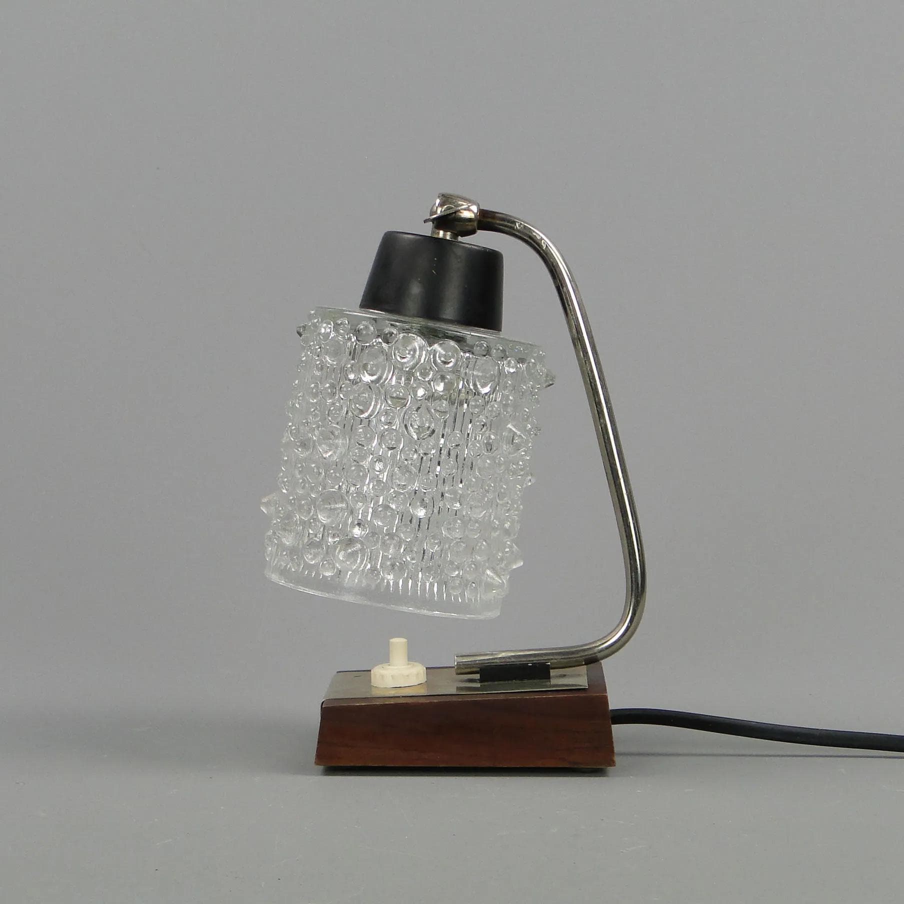 Table lamp, chrome steel silver, mahogany, glass, Germany, 1960s - 11947