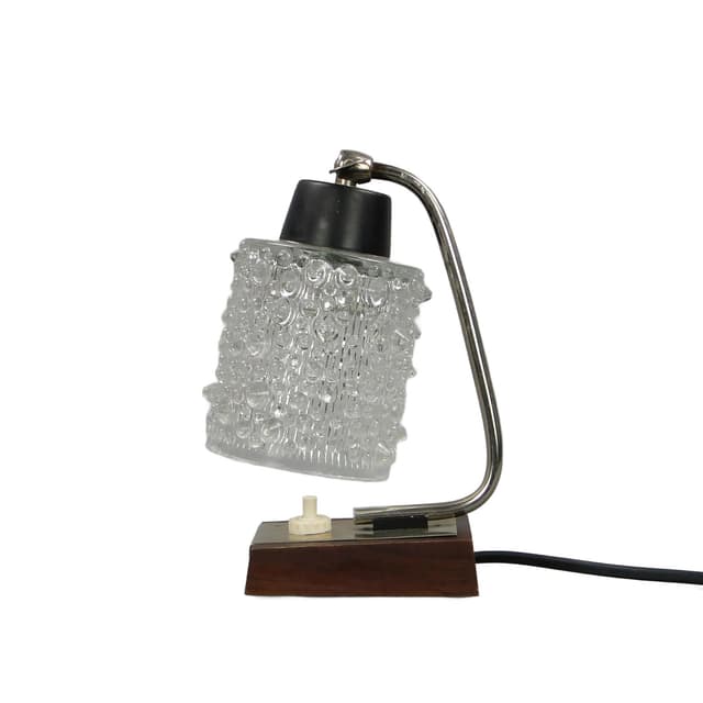 Table lamp, chrome steel silver, mahogany, glass, Germany, 1960s - DIMENSION