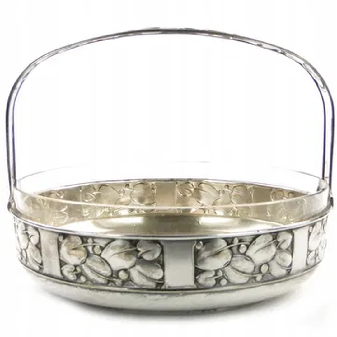 Art Deco fruit basket, silver-plated brass, glass, Kaiser, Germany, 1930s.
