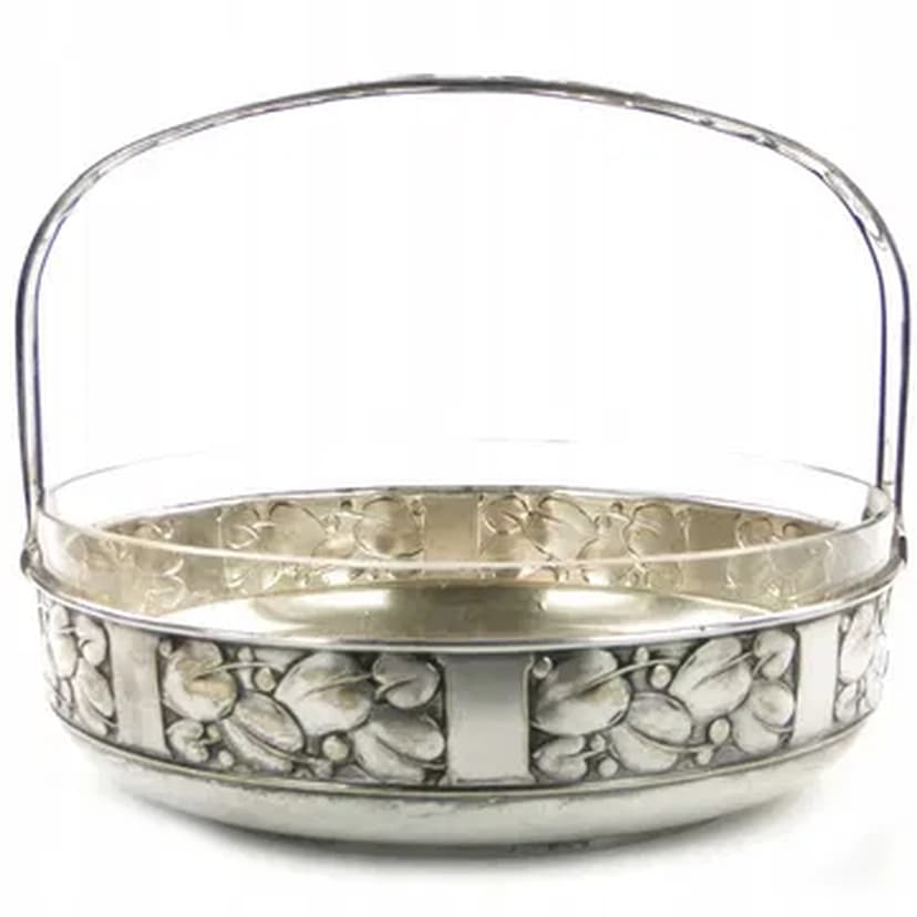 Art Deco fruit basket, silver-plated brass, glass, Kaiser, Germany, 1930s.