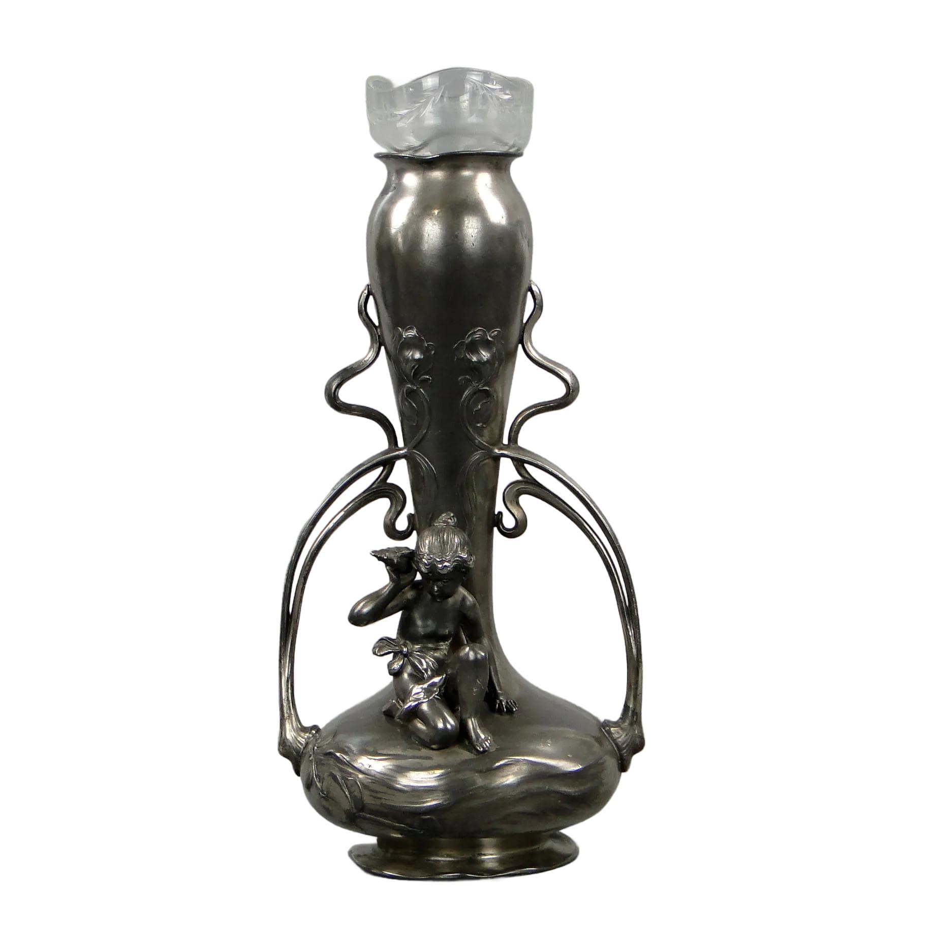 Srebrzystoszary secesyjny wazon z elfem, Albrecht Koller & Co., Austria, lata 90. XIX w.