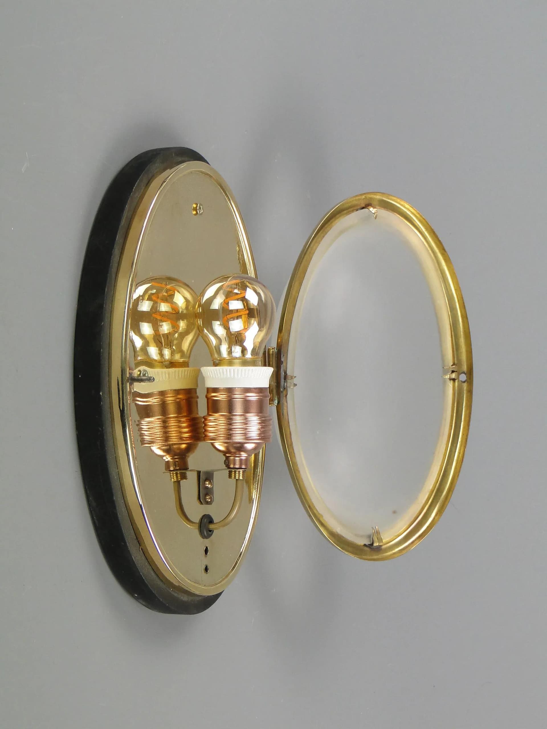 Plafon eliptyczny, mosiądz polerowany, szkło mrożone, drewno czarny, Polska, lata 20. - 12126