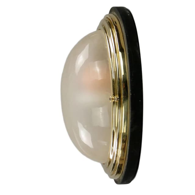 Plafon eliptyczny, mosiądz polerowany, szkło mrożone, drewno czarny, Polska, lata 20. - WYMIARY