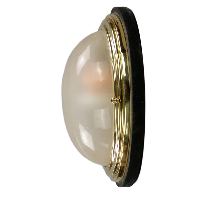 Plafon eliptyczny, mosiądz polerowany, szkło mrożone, drewno czarny, Polska, lata 20.