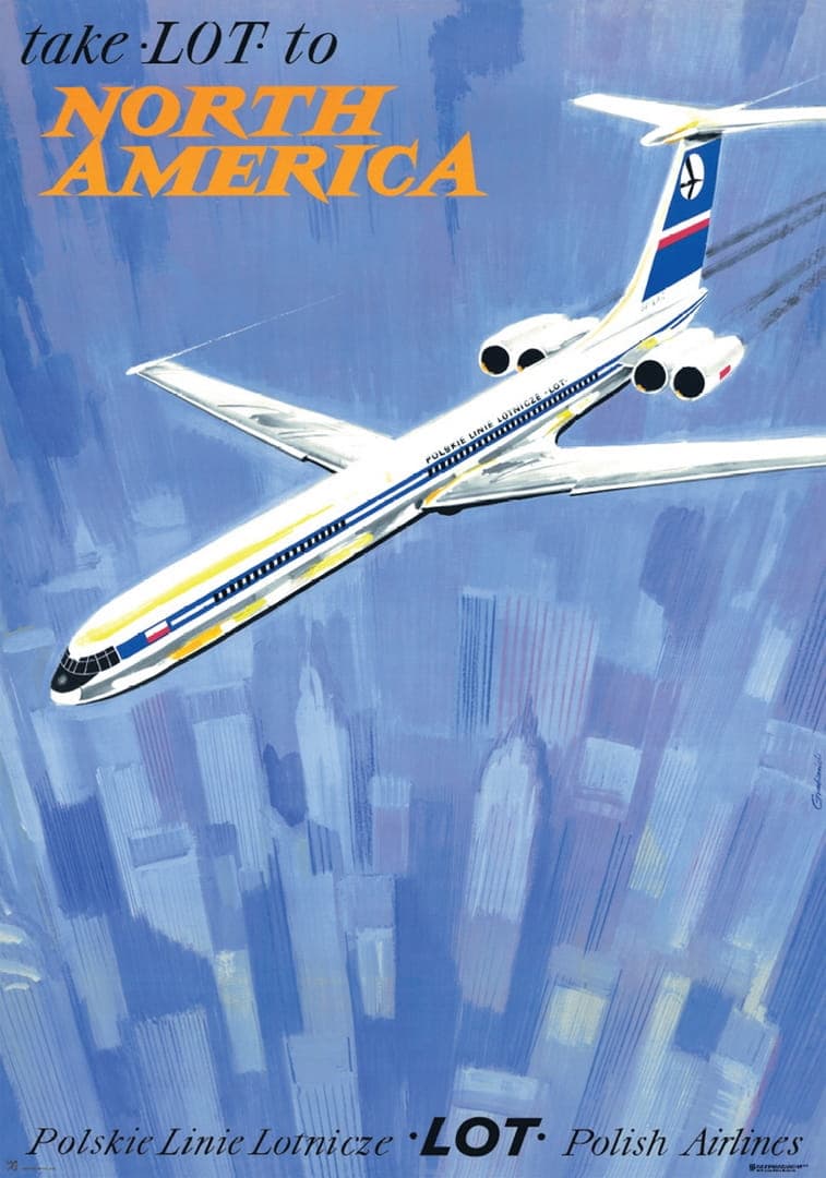 Advertising poster Take LOT to North America 95.5x67 cm, by J. Grabiański, Polska Szkoła Plakatu