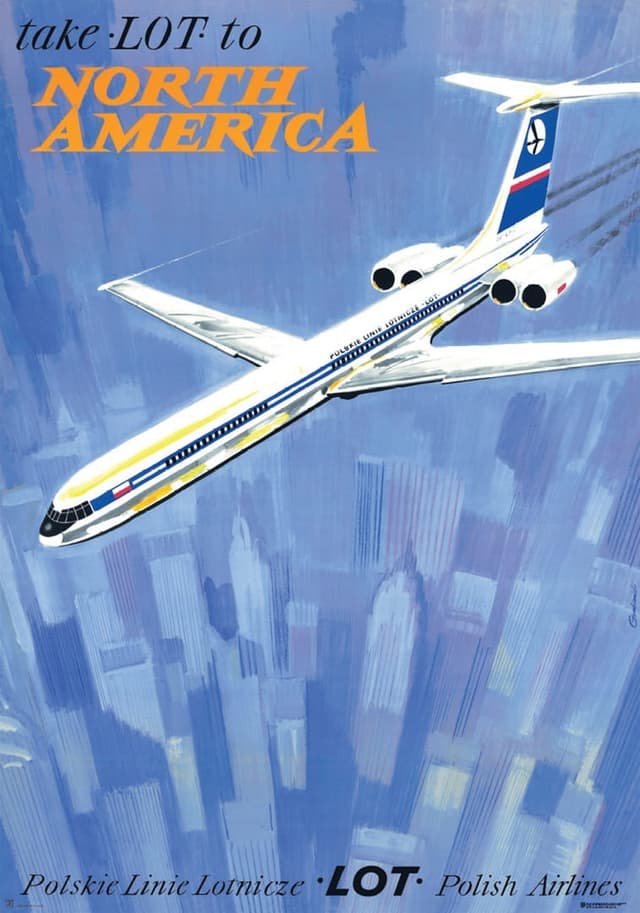 Advertising poster Take LOT to North America 95.5x67 cm, by J. Grabiański, Polska Szkoła Plakatu - DIMENSION