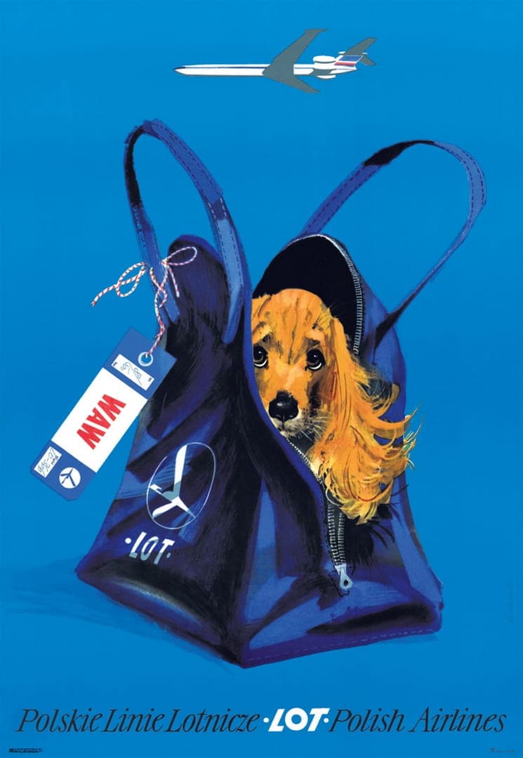 Plakat reklamowy Polskie Linie Lotnicze LOT Spaniel 97,5x67,5 cm, aut. J. Grabiański, Polska Szkoła Plakatu