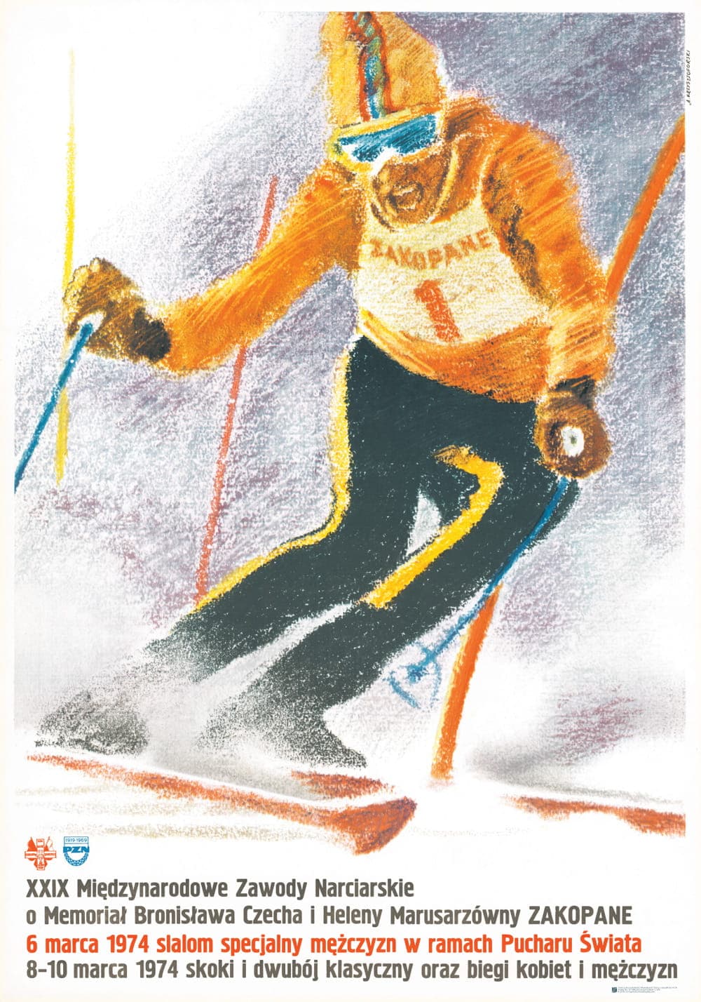 Plakat sportowy XXIX Międzynarodowe Zawody Narciarskie 96,5x66,5 cm, aut. A. Krzysztoforski, Polska Szkoła Plakatu