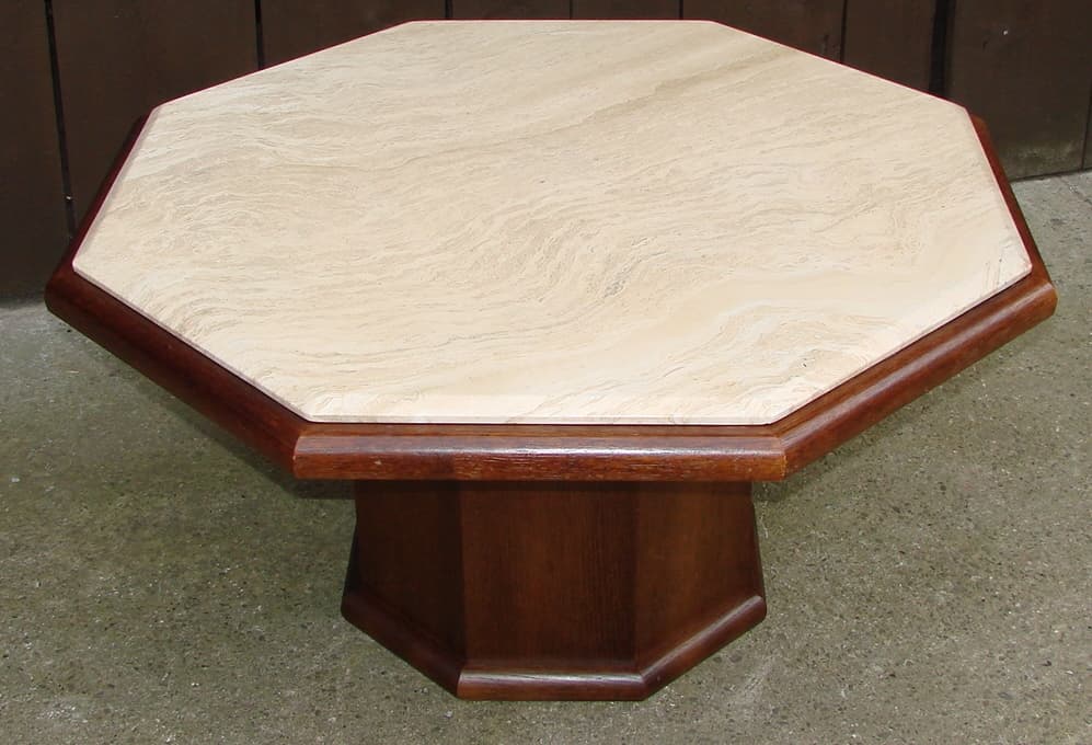 Coffee Table Modernist, beige travertine, brown oak veneer, 1970s - 178532